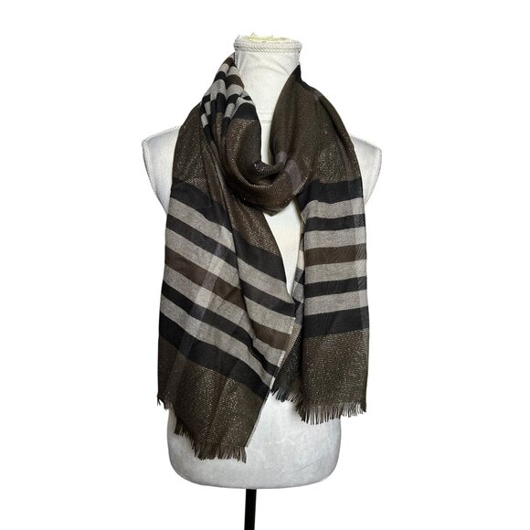 V. Fraas Striped Fringe Scarf Shawl Wrap Made In Germany  Brown & Black 80 X 22 - Picture 3 of 8